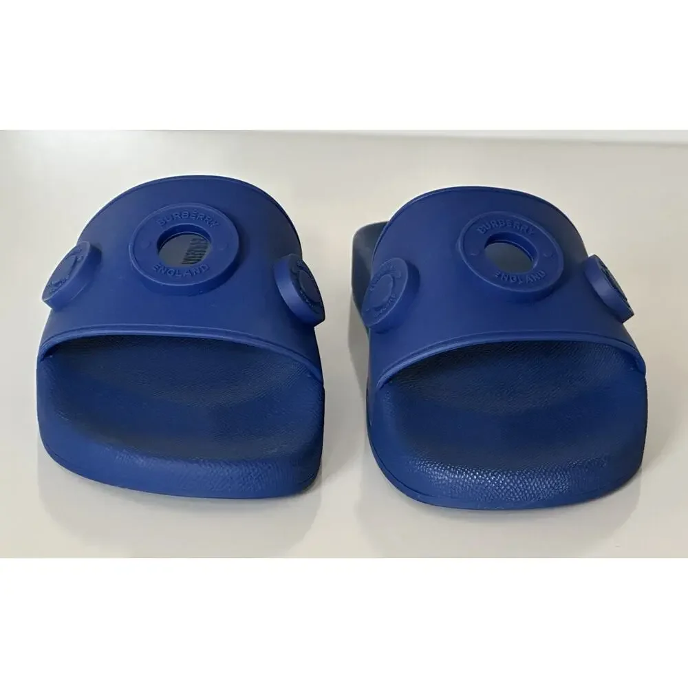 NIB $420 Burberry Eyelet Men’s Furley Royal Blue Slide Sandals 12 US 8049674 IT